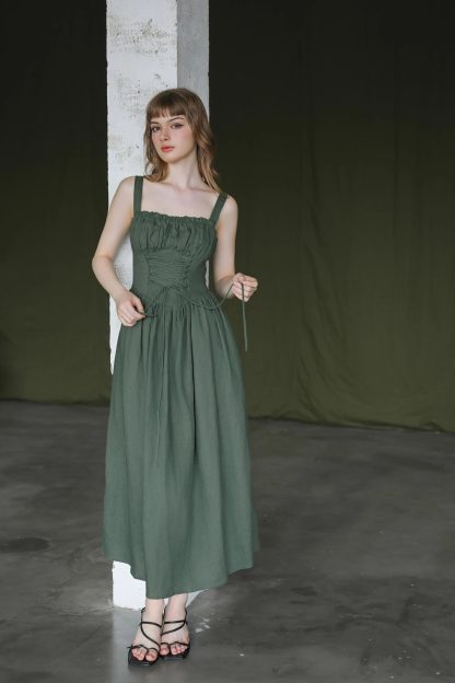 Forest green linen slip dress
