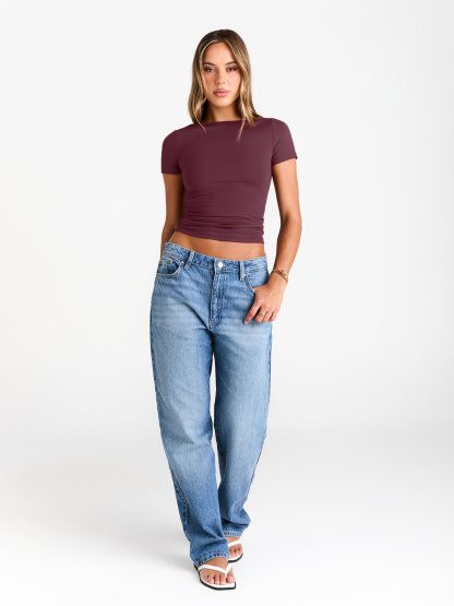 Women's Burgundy Boat Neck Short Sleeve Top - Image 6