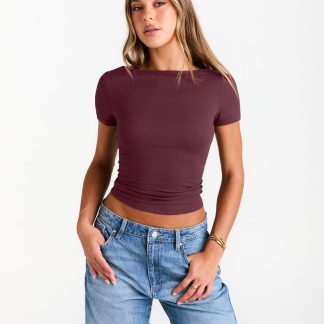 Women's Burgundy Boat Neck Short Sleeve Top