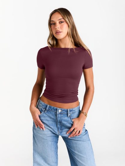 Women's Burgundy Boat Neck Short Sleeve Top