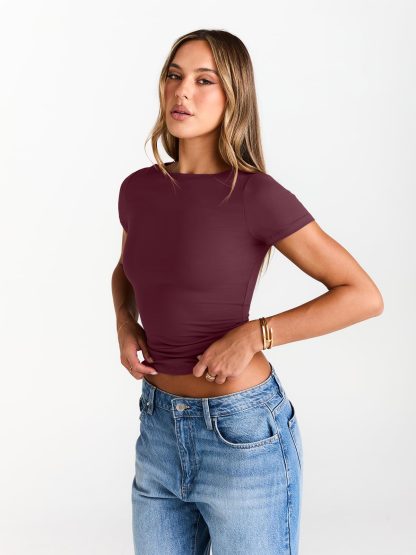 Women's Burgundy Boat Neck Short Sleeve Top - Image 3