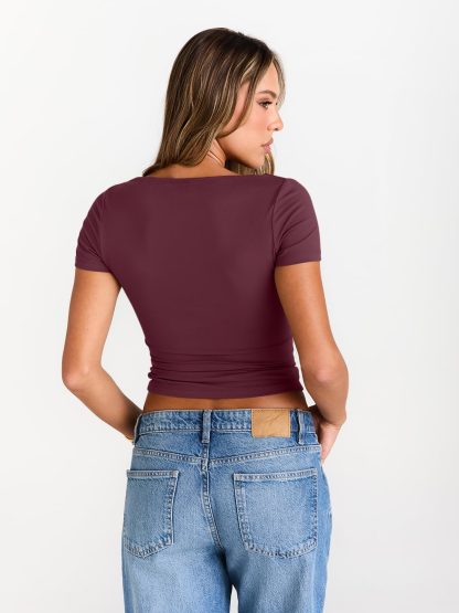 Women's Burgundy Boat Neck Short Sleeve Top - Image 2