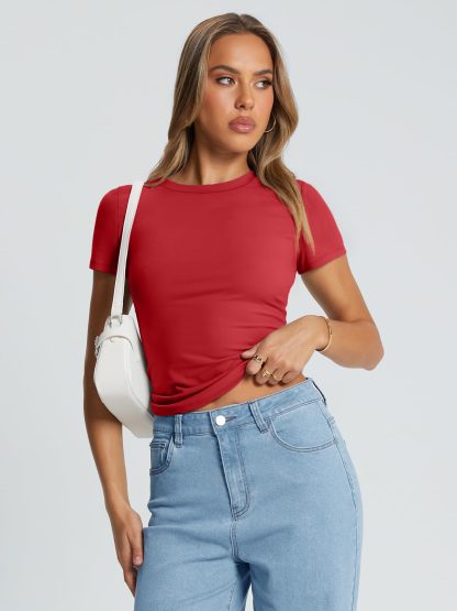 Women's red round neck short-sleeved top - Image 6