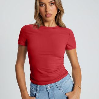 Women's red round neck short-sleeved top