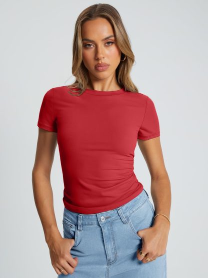 Women's red round neck short-sleeved top