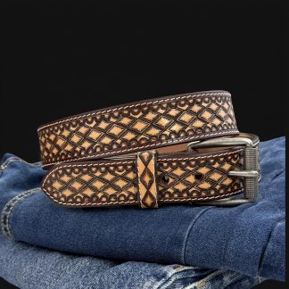 Hand-carved geometric cowhide belt