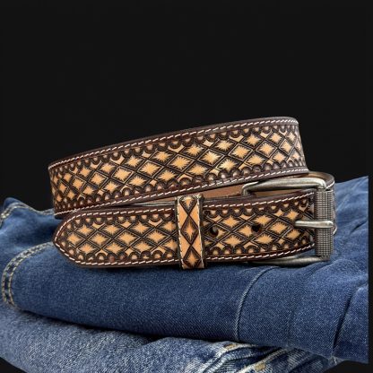 Hand-carved geometric cowhide belt