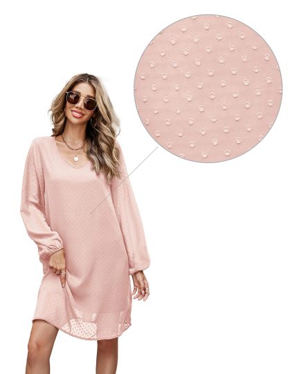 French Polka Dot Sheer Lantern Sleeve V-Neck Dress - Image 5