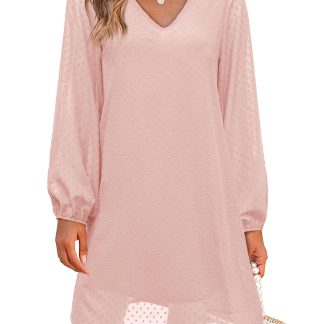 French Polka Dot Sheer Lantern Sleeve V-Neck Dress