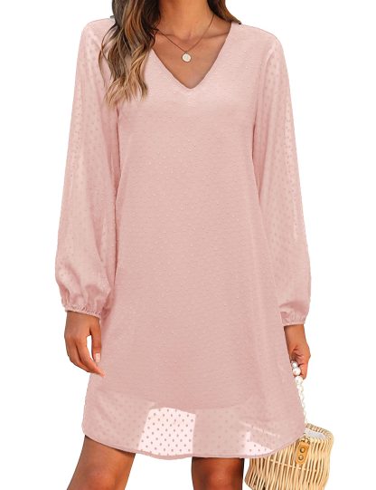 French Polka Dot Sheer Lantern Sleeve V-Neck Dress