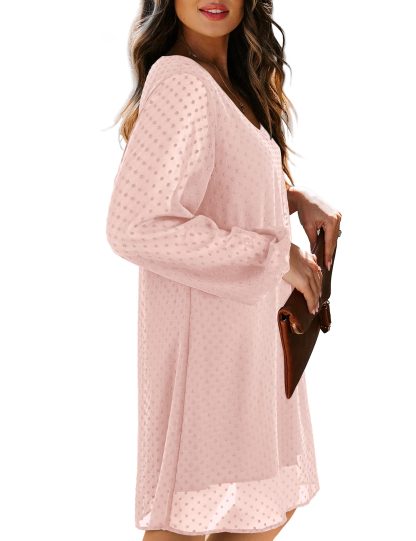 French Polka Dot Sheer Lantern Sleeve V-Neck Dress - Image 3