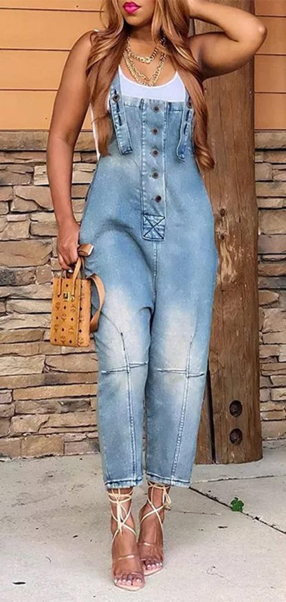 Women's button-front denim overalls - Image 2
