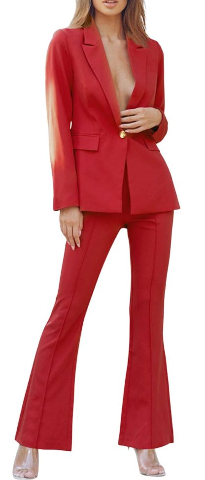 Women's Red Blazer and Flared Pants Set