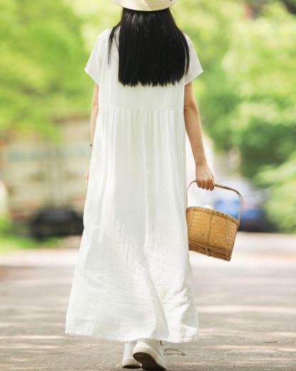 Plain white pure simple cotton and linen long skirt - Image 4