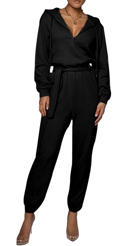 Women's Half-Zip Hooded Belted Jumpsuit