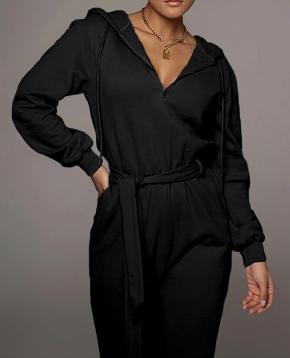 Women's Half-Zip Hooded Belted Jumpsuit - Image 2