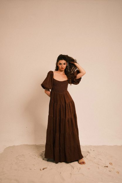 Dark Brown Retro Puff Sleeve Linen Dress - Image 6