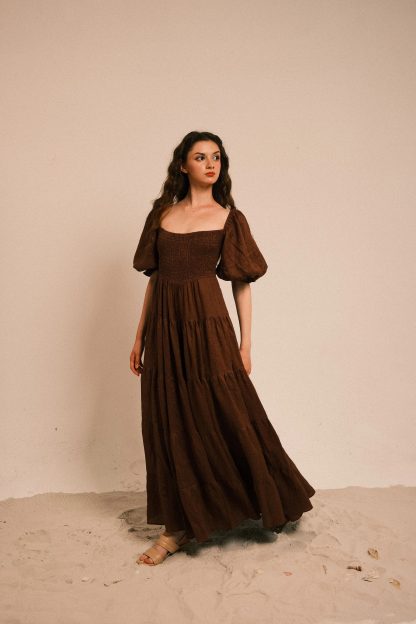 Dark Brown Retro Puff Sleeve Linen Dress - Image 5