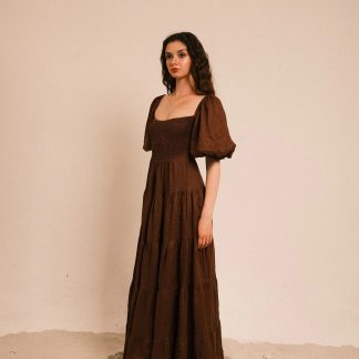 Dark Brown Retro Puff Sleeve Linen Dress