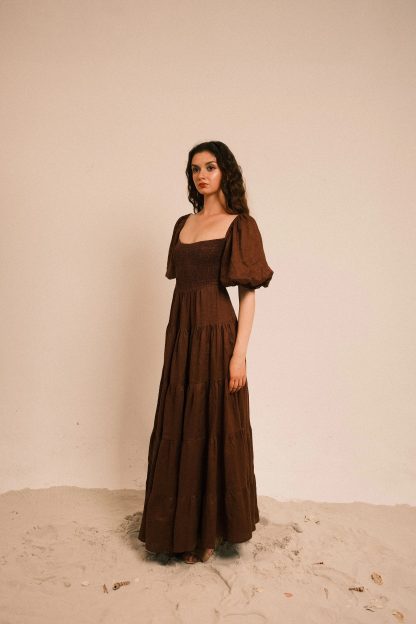 Dark Brown Retro Puff Sleeve Linen Dress
