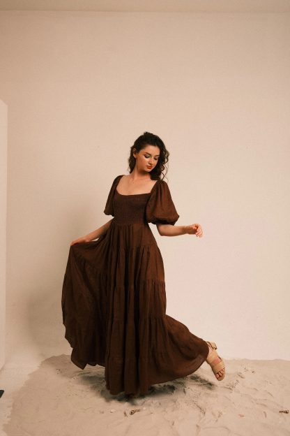 Dark Brown Retro Puff Sleeve Linen Dress - Image 3