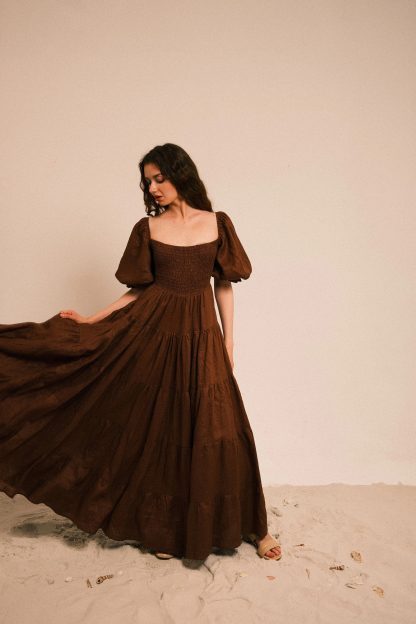Dark Brown Retro Puff Sleeve Linen Dress - Image 2