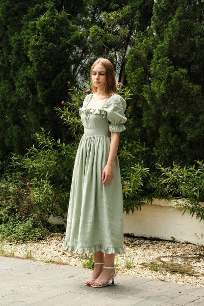 Mint Green Puff Sleeve Linen Dress - Image 6