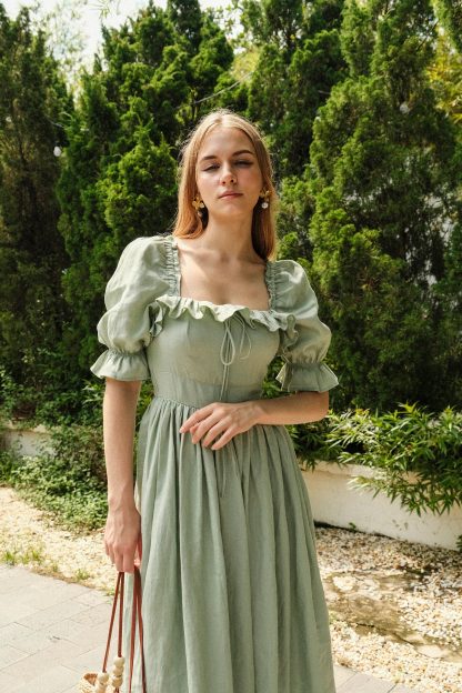 Mint Green Puff Sleeve Linen Dress - Image 5