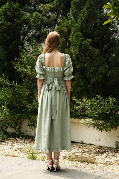 Mint Green Puff Sleeve Linen Dress - Image 4