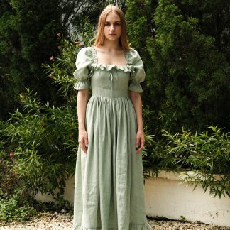 Mint Green Puff Sleeve Linen Dress