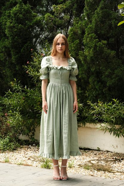 Mint Green Puff Sleeve Linen Dress