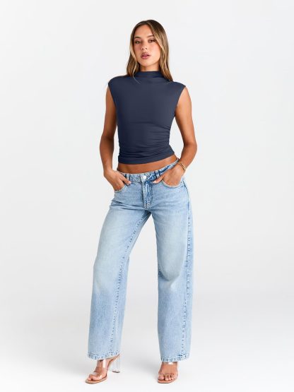 Women's Navy Sleeveless Turtleneck Top - Image 2