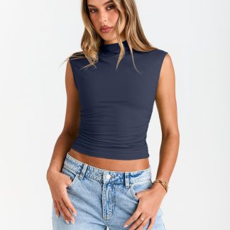 Women's Navy Sleeveless Turtleneck Top