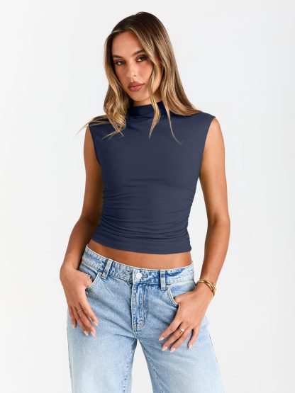 Women's Navy Sleeveless Turtleneck Top