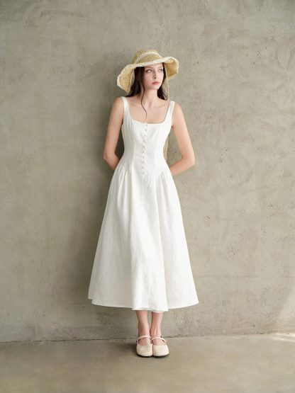 French Square Neck Linen Sleeveless Dress - Image 5
