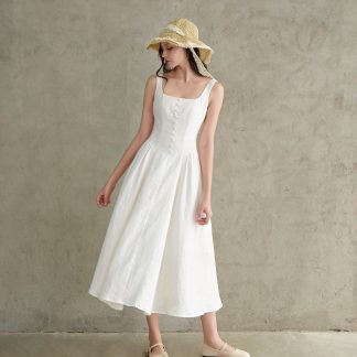 French Square Neck Linen Sleeveless Dress