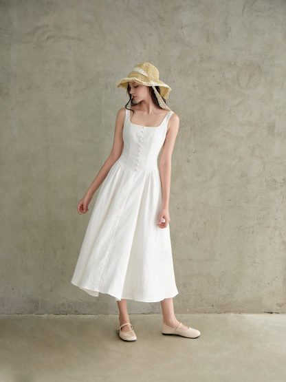 French Square Neck Linen Sleeveless Dress