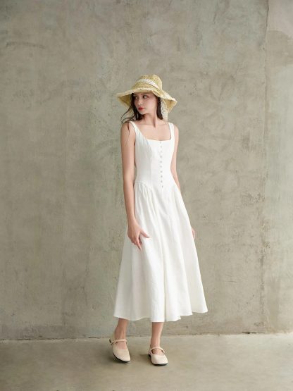 French Square Neck Linen Sleeveless Dress - Image 3