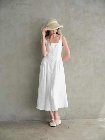 French Square Neck Linen Sleeveless Dress - Image 2