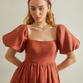 French Vintage Square Neck Linen Dress