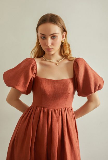 French Vintage Square Neck Linen Dress
