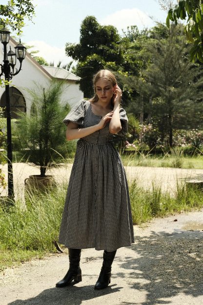 Retro Plaid Puff Sleeve Dress - Image 5