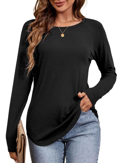 Lazy style raglan sleeve curved hem long sleeve top