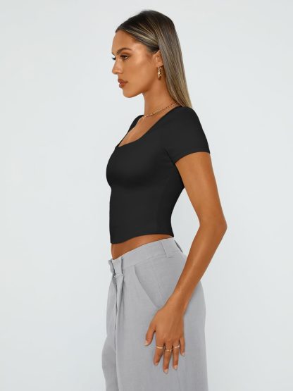 Women's black square neck short-sleeved top - Image 5