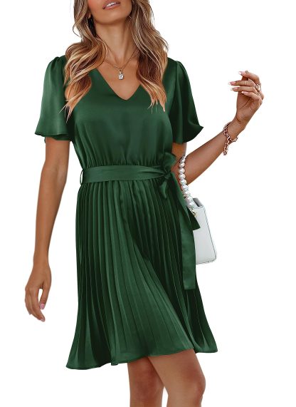 French Satin V-Neck Pleated Waist Dress - Image 5