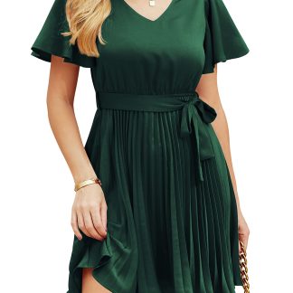 French Satin V-Neck Pleated Waist Dress
