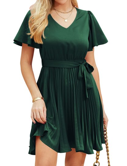 French Satin V-Neck Pleated Waist Dress