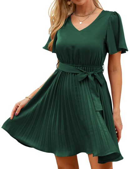 French Satin V-Neck Pleated Waist Dress - Image 3
