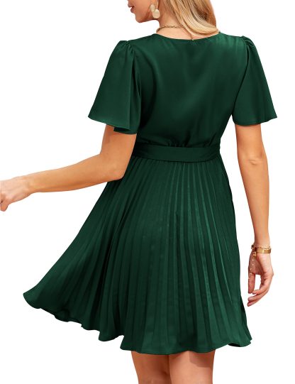French Satin V-Neck Pleated Waist Dress - Image 2