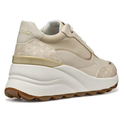 Women's Beige Logo Jacquard Leather Wedge Sneakers - Image 7